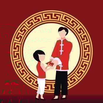 illustration vector graphic of a father gives red packets to his daughter, perfect for chinese day, religion, holiday, culture, greeting card, etc.
