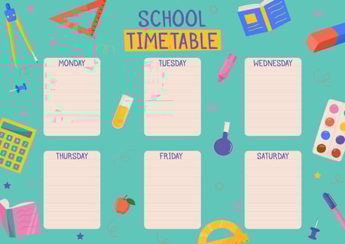 Cute childish school timetable, weekly classes schedule for kids with school supplies. Printable planner, diary for student. Stationery set for children. To Do List. vector