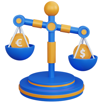 3d rendering blue balance scale with dollar and euro coins isolated png