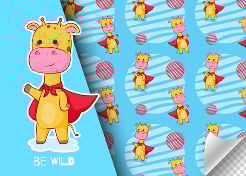 Cute cartoon hero giraffe character. Kids card and seamless background pattern. Hand drawn design vector illustration.