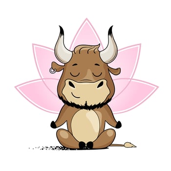 Cool bull doing yoga, sitting in lotus position. Symbol of 2021, year of the ox. Cartoon vector illustration