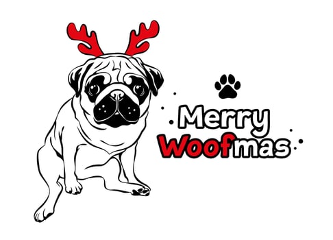Cute pug with red reindeer antlers. Christmas pug dog portrait. Merry woofmas text. Vector illustration