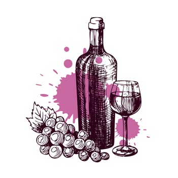 Hand drawn bottle of wine with a glass and a bunch of grapes. Sketch for the restaurant drinks menu. Vector food illustration