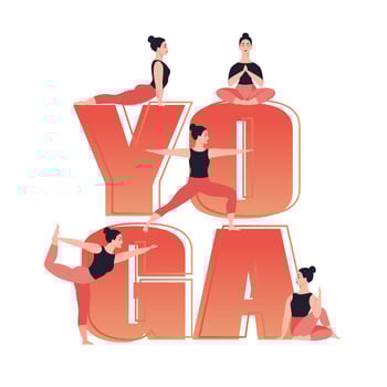 Yoga text. Young woman practicing yoga and meditation. Girl do different yoga poses. Flat vector illustration