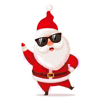 Cute dancing Santa Claus in sunglasses. Cartoon vector illustration