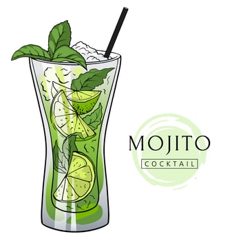 Mojito cocktail, hand drawn cocktail with ice, mint and lime. Vector illustration