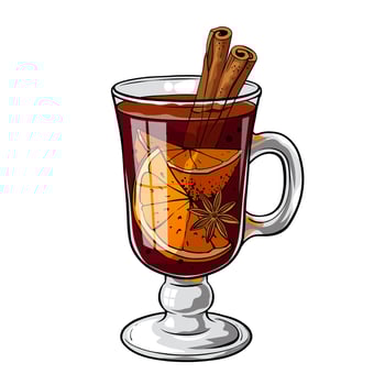 Mulled wine, hot Christmas drink with orange and spices. Vector illustration isolated on white background