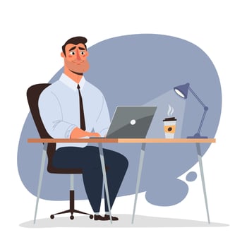 Businessman working on analytics on a laptop, cartoon vector illustration