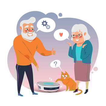 Elderly couple and cat enjoy robot vacuum cleaner. Elderly people use modern technologies, vector illustration