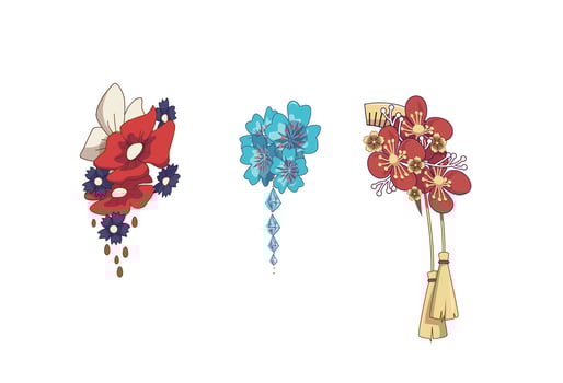Set of hair accessory. Flower hairpins and hair-clip for geisha. Vector illustration Isolated on White Background