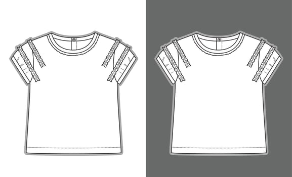 Kids tee shirt with ruffle details garment sketch fashion template vector