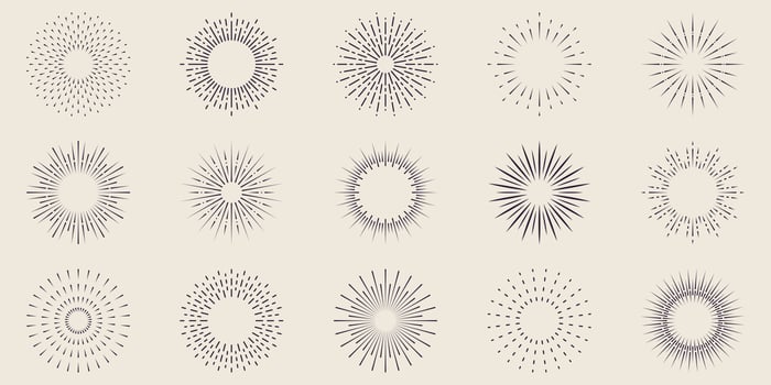 Firework Line Icon Set. Starburst Light Explosion. Circle Spark Sunburst Star Burst Shine Outline Icon. Celebrate Happy Birthday, Merry Christmas Party Linear Pictogram. Isolated Vector Illustration.