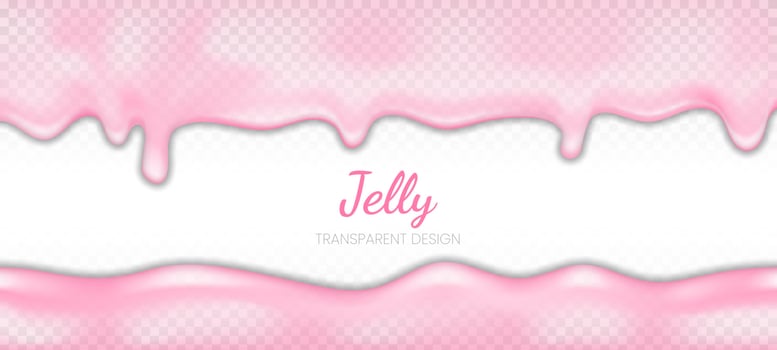 Jam or jelly leak vector illustration of realistic 3D splash of syrup and drops of pink berry or fruit marmalade. Liquid dripping on transparent background for candy or sweet dessert template.
