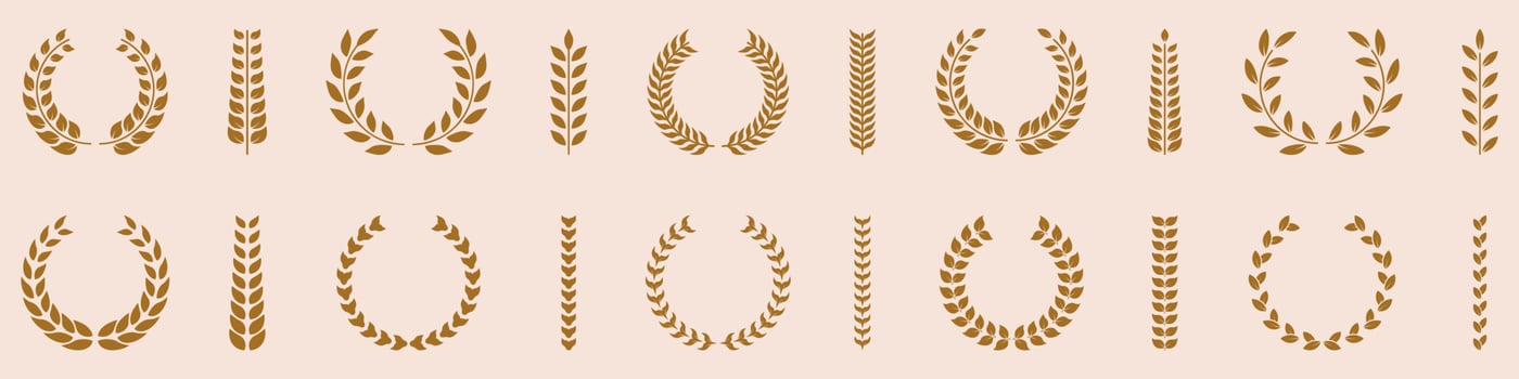 Gold Chaplet Winner Reward Silhouette Icon Set. Golden Laurel Wreath Round Olive Branch Pictogram. Glory Foliate Twig Circle Award Emblem Achievement. Isolated Vector Illustration.