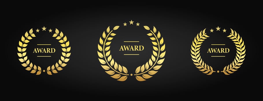 Nominate Gold Twig Leaf Olive Branch Reward Icon Set. Chaplet Laurel Wreath Success Heraldry Silhouette Pictogram. Victory Achievement Emblem and Awards for Champion. Isolated Vector Illustration.