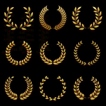 Golden Chaplet Nominate Winner Silhouette Icon Set. Circle Gold Laurel Wreath Success Pictogram. Twig Achievement Tree Branch Leaf Victory Reward Certified. Glory Crest. Isolated Vector Illustration.