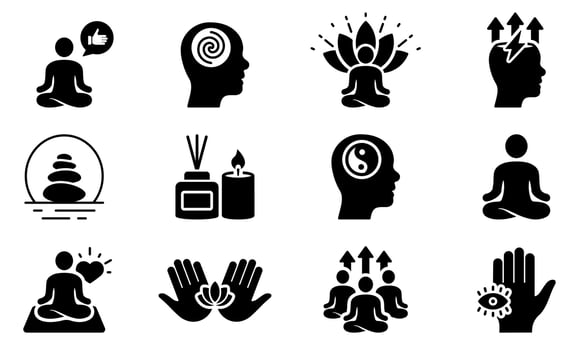 Meditation Relax Balance Aromatherapy Icon Set. Yoga in Lotus Pose Harmony Silhouette Icon. Khamsa Zen, Rest Brain Symbol. Spiritual Energy Glyph Pictogram. Isolated Vector Illustration.