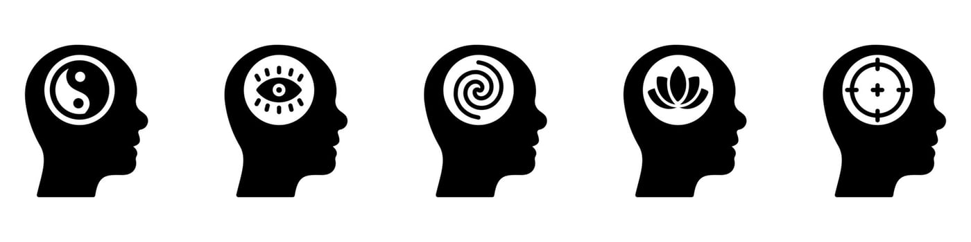 Brain Balance Harmony in Head Silhouette Icon. Illuminati Eye, Target, Lotus Khamsa, Yin Yang Pictogram. Peace in Human Head Concept Black Icon. Isolated Vector Illustration.