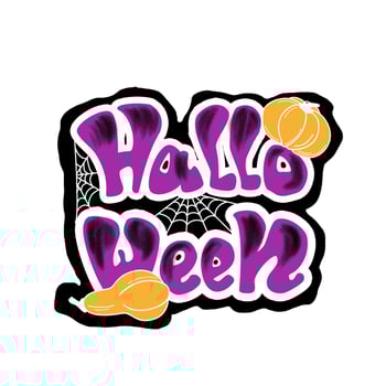 Halloween sticker with purple lettering in cartoon style,  pumpkins and cobweb on white background vector