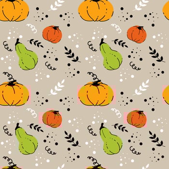 Autumnal seamless pattern with colored pumpkins and abstract branches on grey background. Doodle pumpkins vector illustration