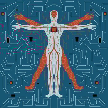 human anatomy with circuit line and brain conected to processor suitable for artficial intelligence illustration vector