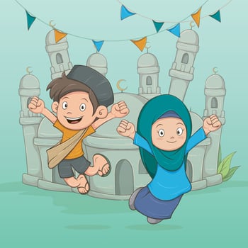 cute muslim characters boy and girl jumping happily, cartoon design, vector design