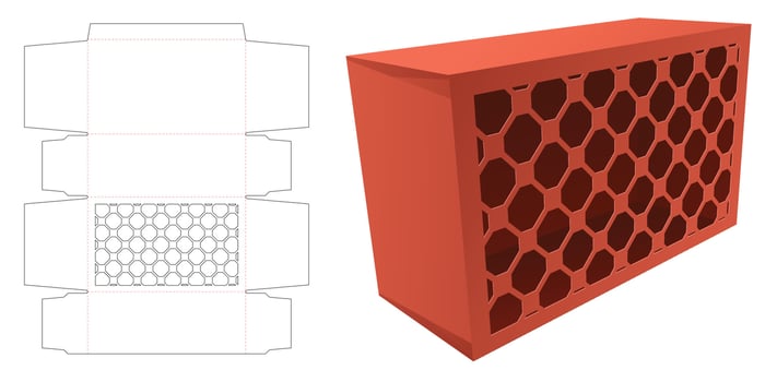 Cardboard packaging with geometric pattern die cut template and 3D mockup vector