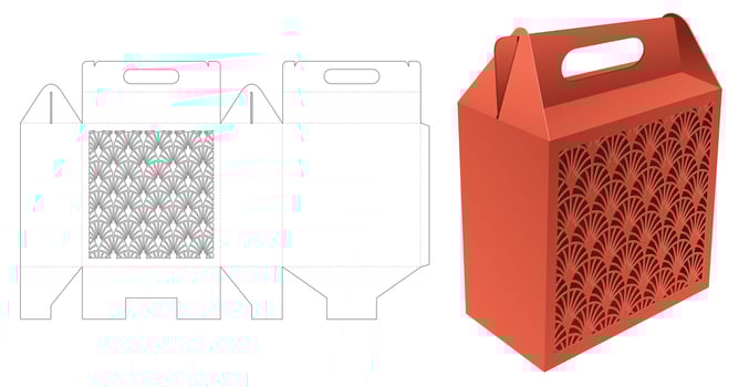 Cardboard Japanese handle box die cut template and 3D mockup vector