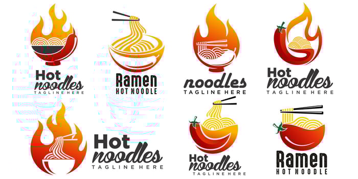 spicy ramen noodle icon set logo  design illustration  with bowl,chili and hot fire. vector