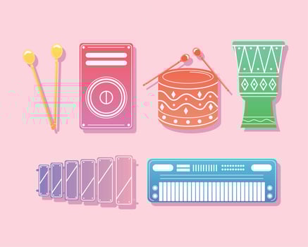 six music instruments pastel icons vector