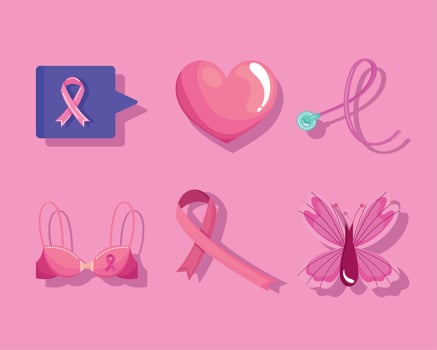 six breast cancer awareness icons vector
