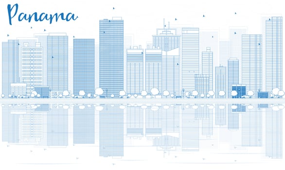 Outline Panama skyline with blue buildings and reflections. vector