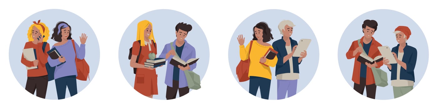 Students, schoolchildren, teenagers. Boys and girls with school paraphernalia. Back to school. Vector image.