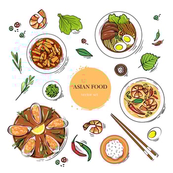 Traditional Asian food - tteokbokki, spicy ramen with noodles, meat, eggs, shrimp soup vector