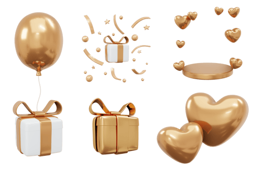 3D Rendering set of gold gift and balloon element for decoration isolated background png