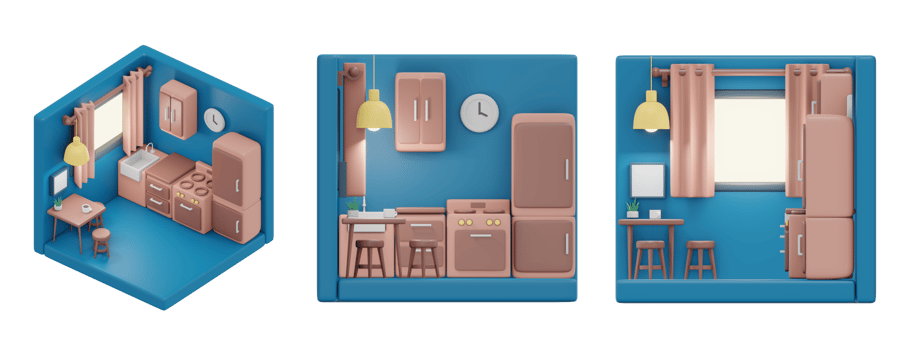 3D rendering of isometric and elevation of minimal kitchen room with furniture. 3D render cartoon. png