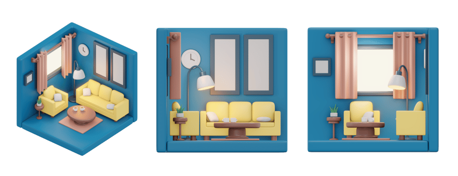 3D rendering of isometric and elevation of minimal living room. 3D render cartoon. png