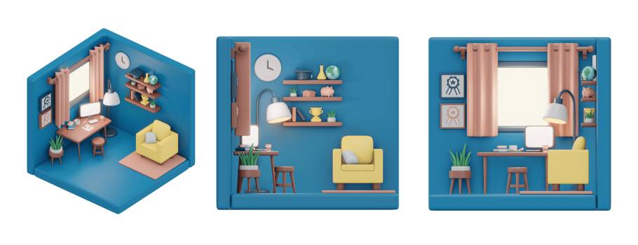 3D rendering of isometric and elevation of minimal work and study room. 3D render cartoon. png
