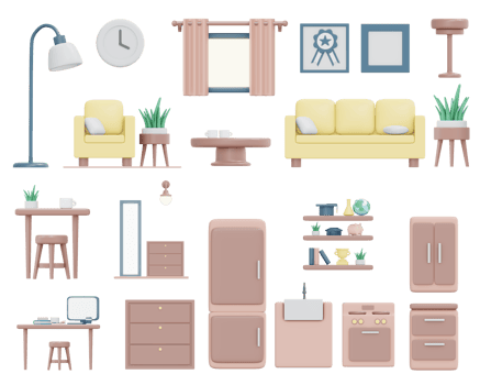 3D rendering elevation of house furniture icon for living room kitchen and office isolate on white for sticker or commercial design. 3D render cartoon illustration. png