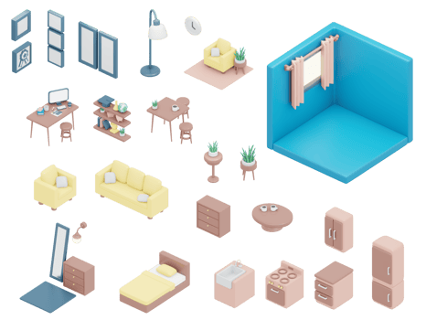 3D rendering isometric of house furniture icon for living room kitchen bedroom office and empty room with window isolate on white for sticker or commercial design. 3D render cartoon illustration. png