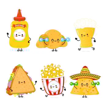 Funny happy fast food characters set. Vector hand drawn cartoon kawaii character illustration. Isolated white background. Cute mustard, croissant, beer, sandwich, popcorn, nachos