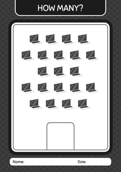 How many counting game with laptop. worksheet for preschool kids, kids activity sheet vector