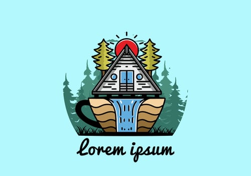 Wood cabin and pine trees on the coffee cup shape with waterfall illustration vector