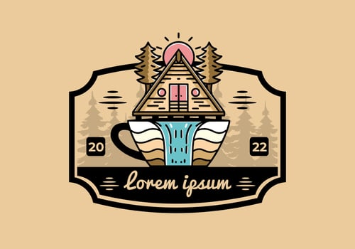 Wood cabin and pine trees on the coffee cup shape with waterfall illustration vector