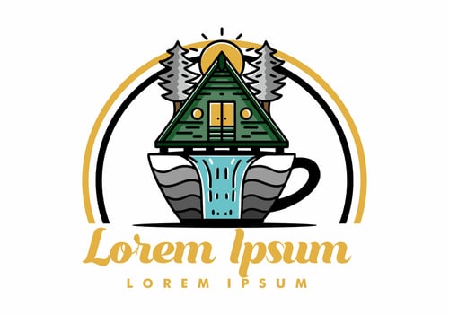 Wood cabin and pine trees on the coffee cup shape with waterfall illustration vector