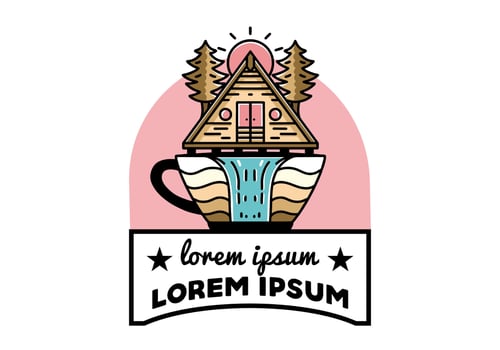 Wood cabin and pine trees on the coffee cup shape with waterfall illustration vector