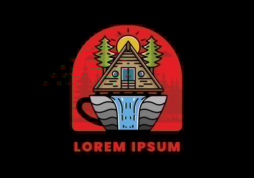 Wood cabin and pine trees on the coffee cup shape with waterfall illustration vector