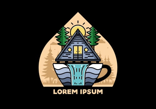 Wood cabin and pine trees on the coffee cup shape with waterfall illustration vector