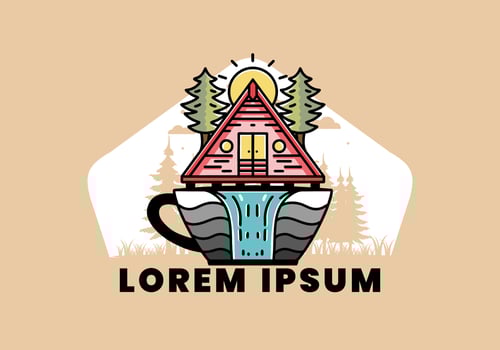 Wood cabin and pine trees on the coffee cup shape with waterfall illustration vector