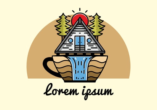 Wood cabin and pine trees on the coffee cup shape with waterfall illustration vector